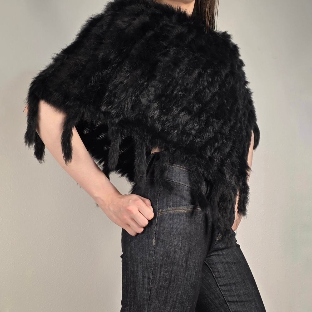 Rabbit Fur Poncho Cape Fringe Shawl Womens Goth Hollywood Glam Black